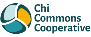 ChiCommons logo, a rondel with white open space in-between three c-shaped arms of pale turquoise, warm orange, and dark turquoise with 'Chi Commons Cooperative' in dark turquoise text